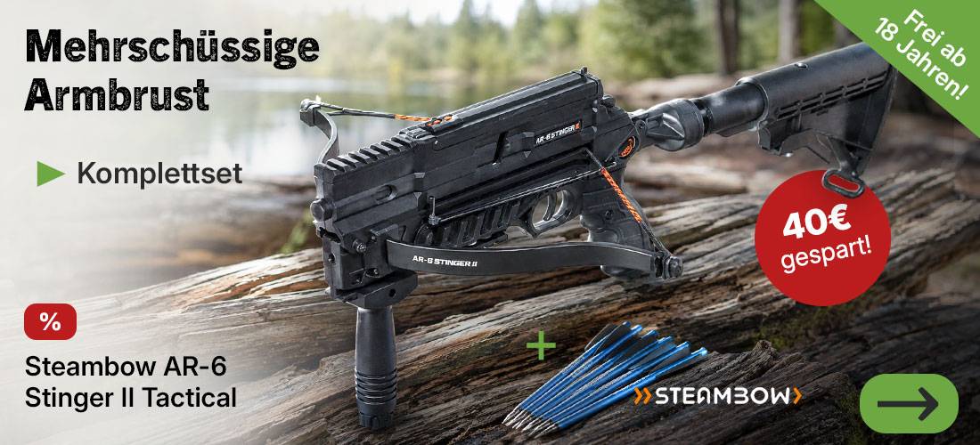 Steambow Repetierarmbrust AR-6 Stinger II Tactical mit Magazin 55 lbs inkl. 6 Pfeile