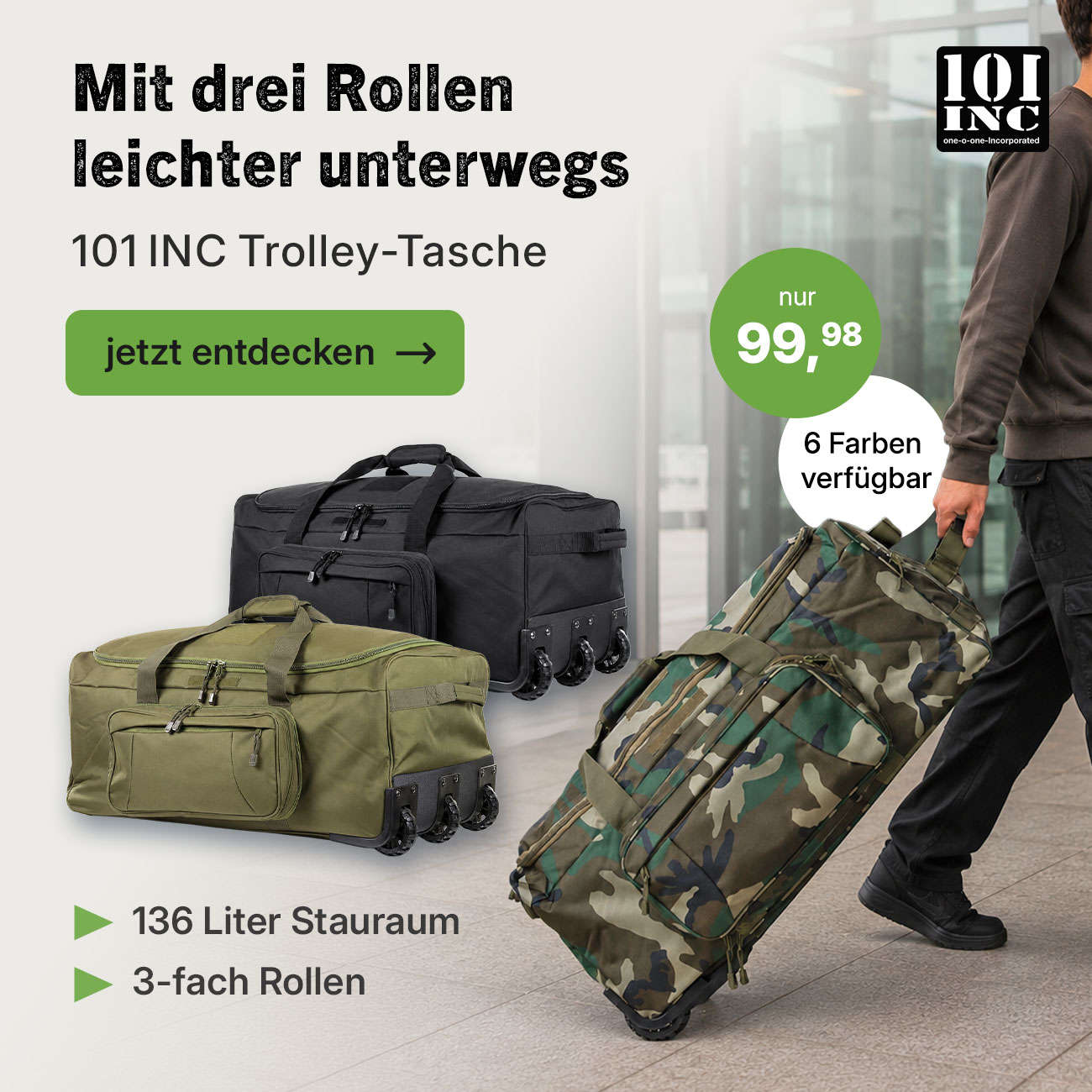 101 INC Trolley-Tasche mit 136 Liter Stauraum und 3-fach-Rollen f&uuml;r Reise und Transport