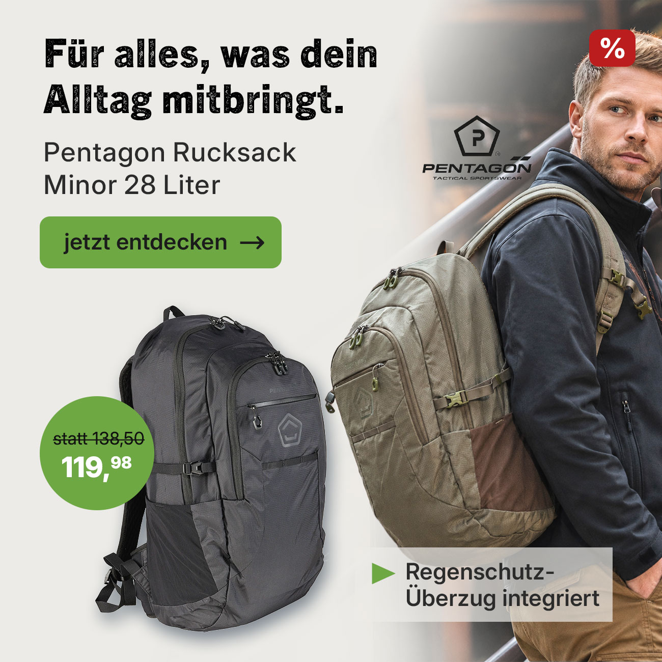 Pentagon Minor Rucksack, 28-Liter-Alltagsrucksack mit integriertem Regenschutz und atmungsaktivem Mesh