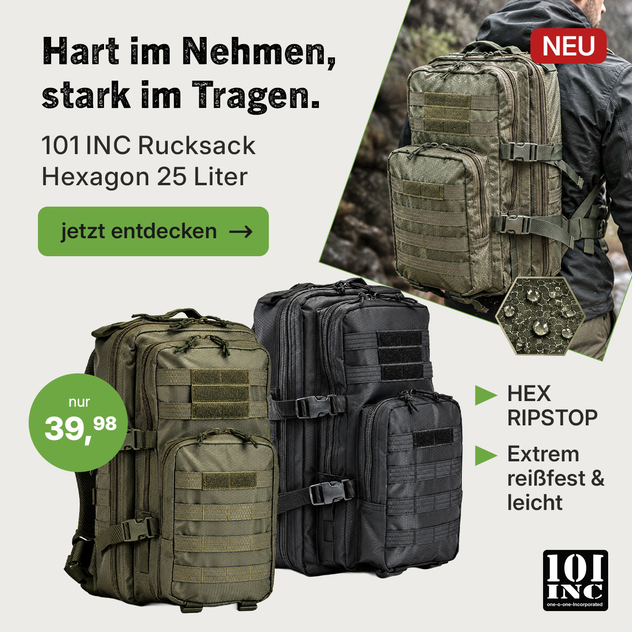 101 INC Rucksack Hexagon, 25-Liter-Tagesrucksack aus rei&szlig;festem HEX-Ripstop in Oliv und Schwarz
