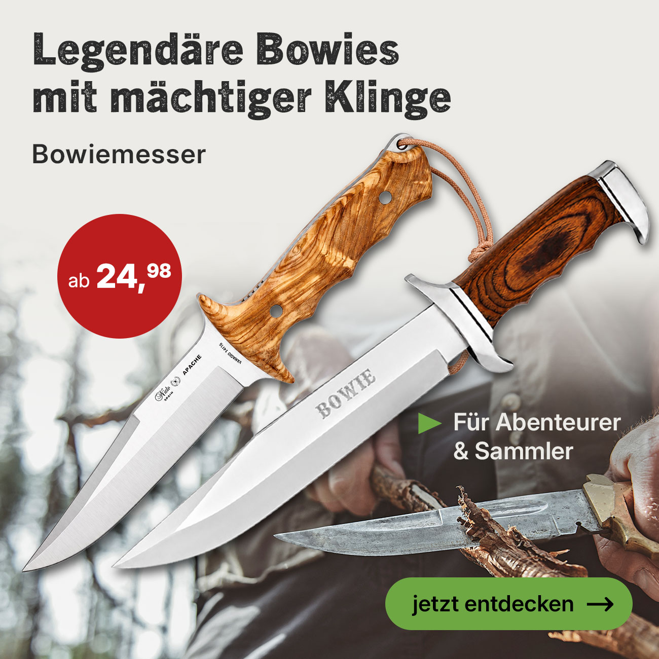 Linkgrafik zu klassischen Bowie Messer mit wuchtigen Klingen