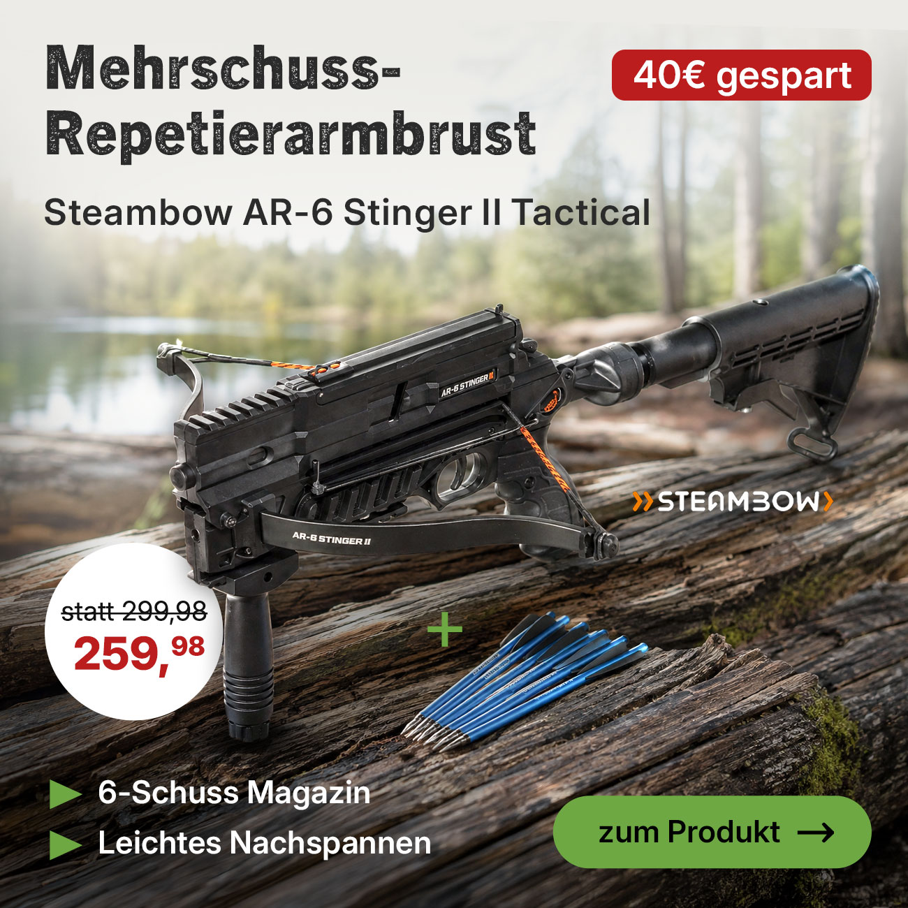 Steambow Repetierarmbrust AR-6 Stinger II Tactical mit Magazin 55 lbs inkl. 6 Pfeile