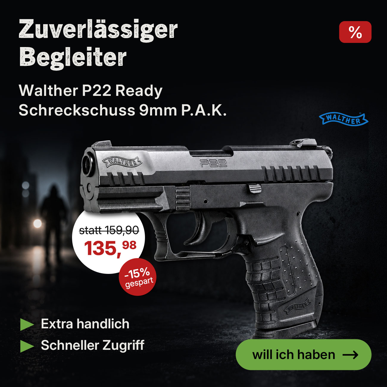 Walther P22 ReadySchreckschusspistole Kaliber 9mm P.A.K. Selbstschutz-Klassiker