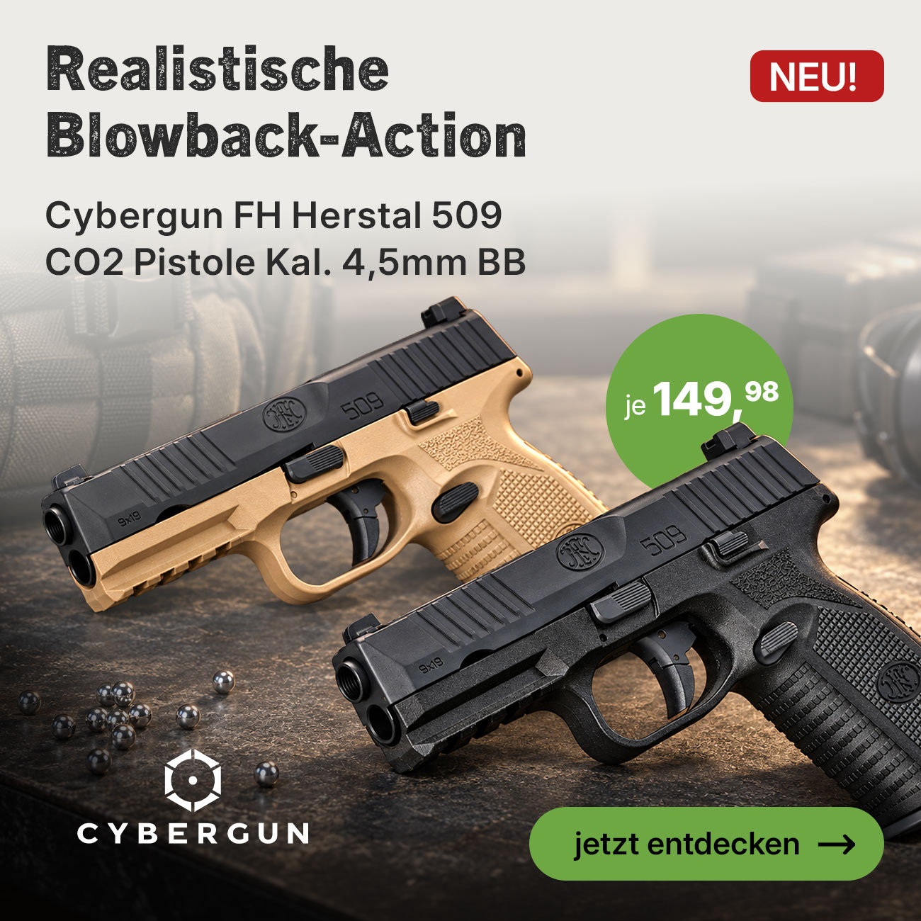 Cybergun FN Herstal FN 509 CO2 Luftpistole Kal. 4,5mm BB mit Metallschlitten Blowback