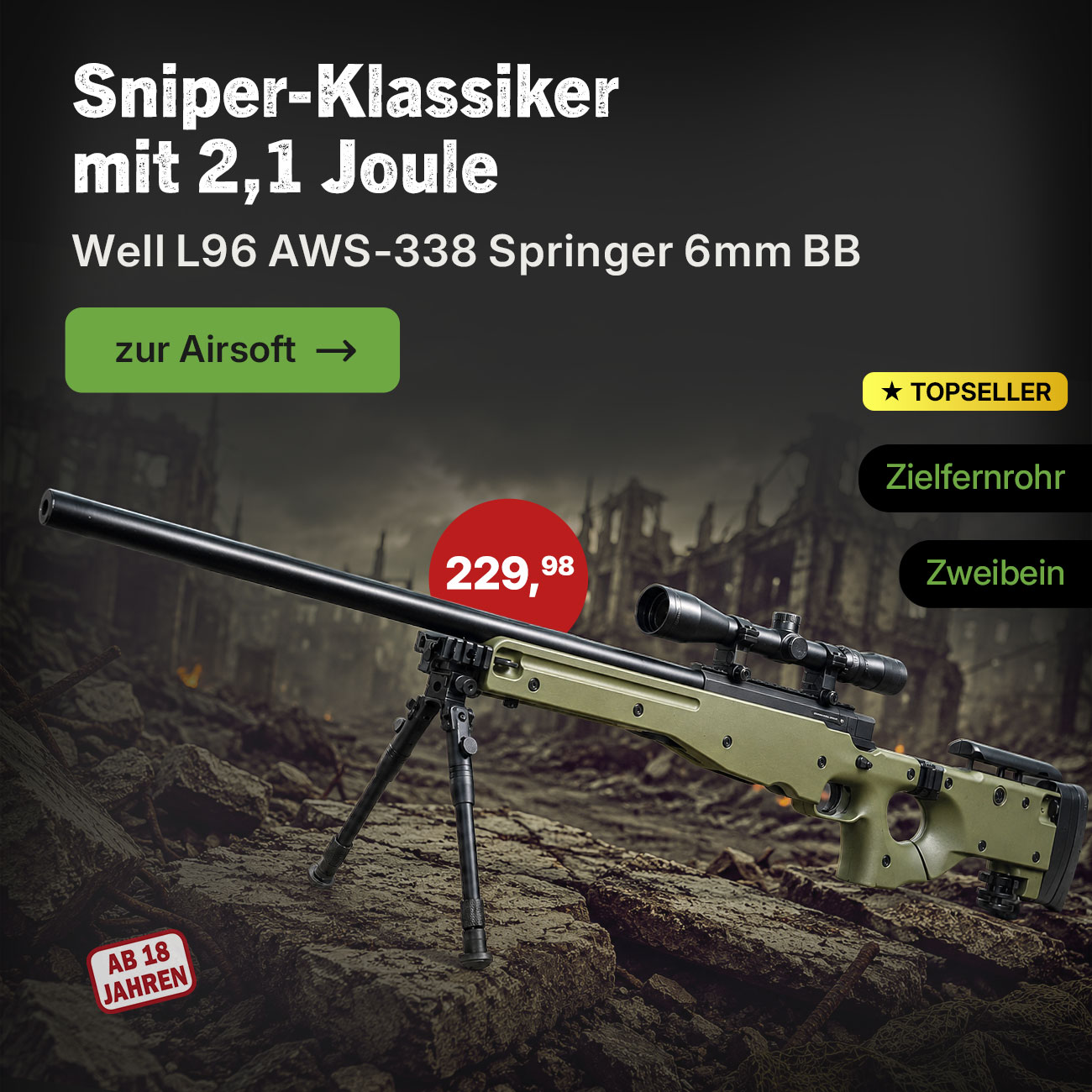 Well L96 AWS-338 Airsoft Snipergewehr inkl. Zweibein und Zielfernrohr � Springer 6mm BB oliv