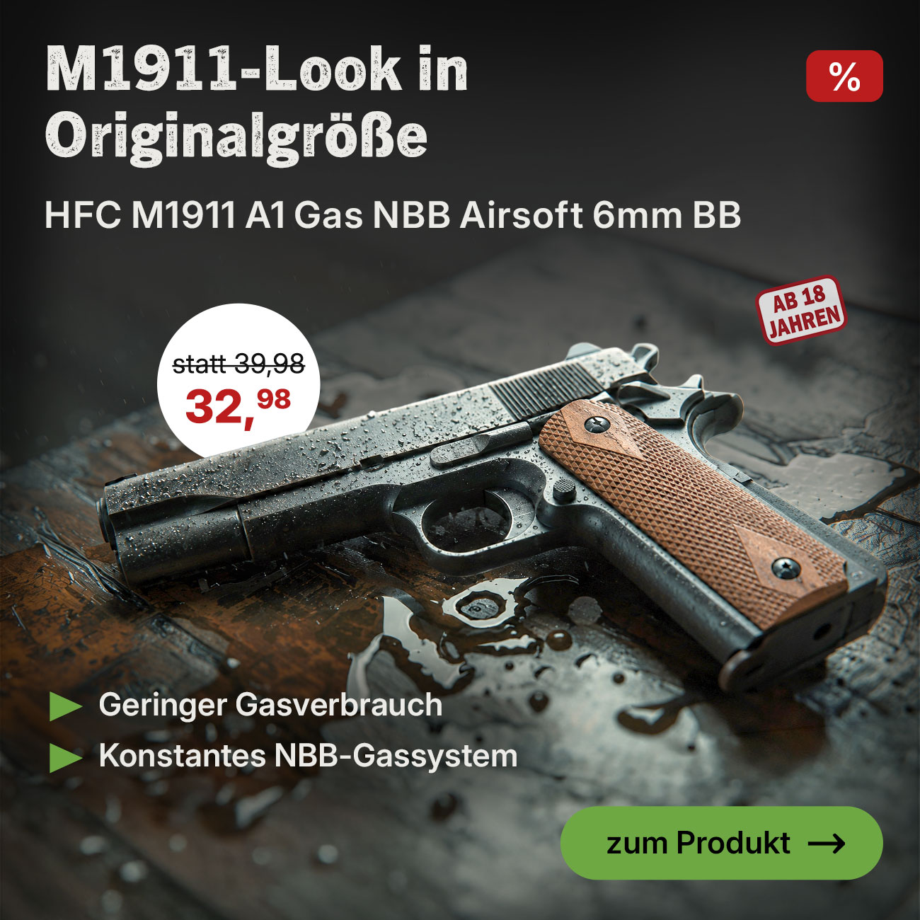 HFC M1911 A1 Gas NBB Softairpistole 6mm BB schwarz