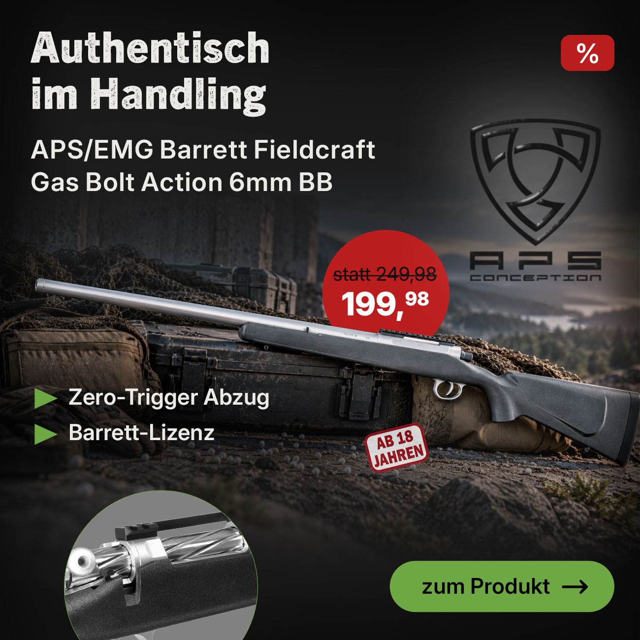 APS / EMG Barrett Fieldcraft Gas Bolt Action Snipergewehr 6mm BB schwarz / silber