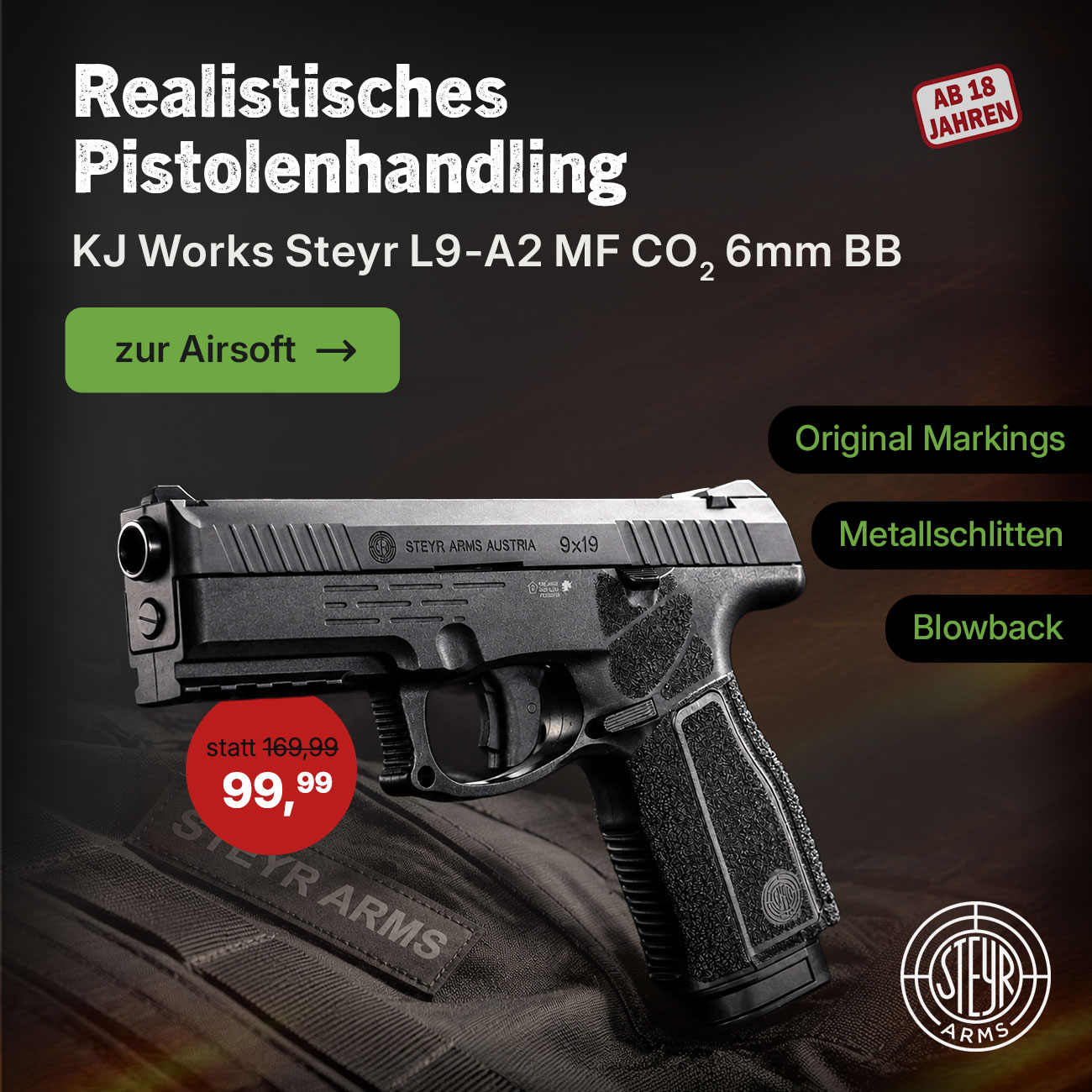 KJ Works Steyr L9-A2 MF Airsoftpistole mit Metallschlitten � CO2 BlowBack 6mm BB schwarz