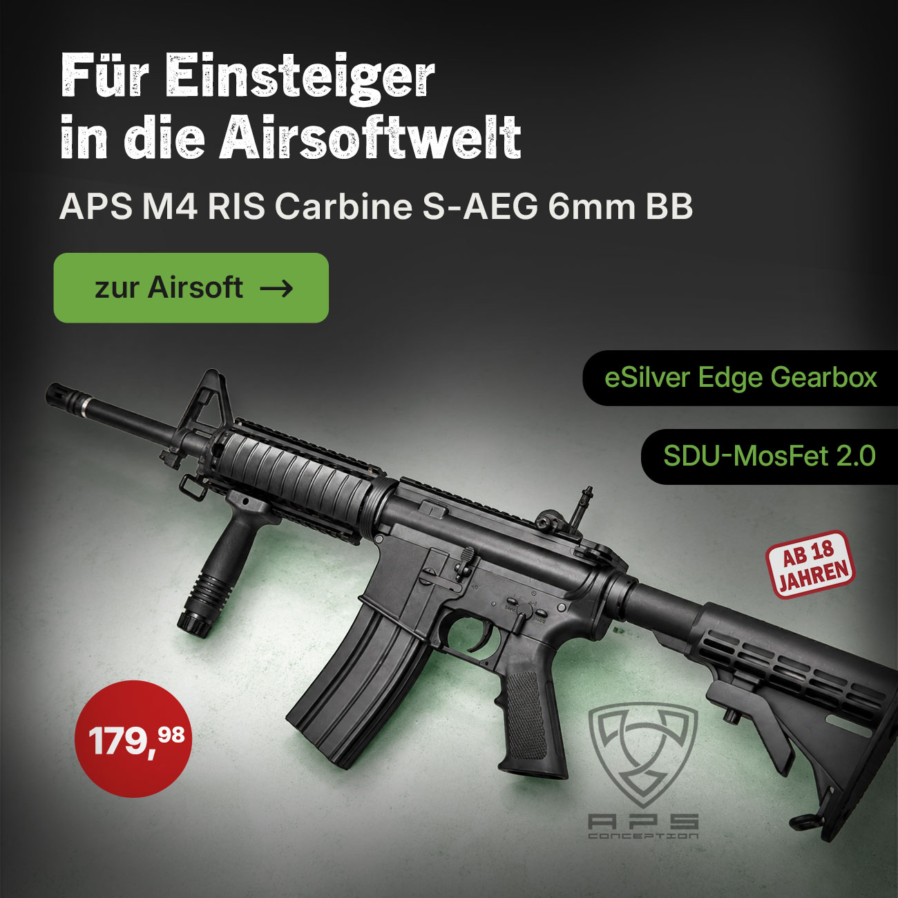 APS M4 RIS Carbine Kompetitor-Series eSilver Edge SDU-MosFet 2.0 � Airsoft S-AEG 6mm BB schwarz