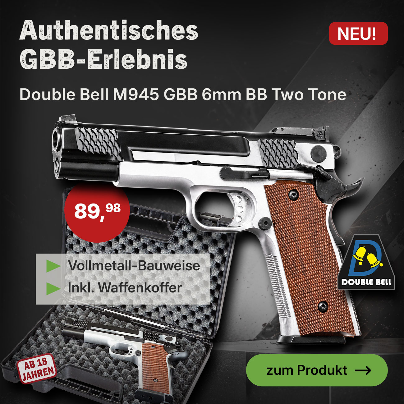 Linkgrafik zu Double Bell M945 Vollmetall GBB 6mm BB Two Tone Finish inkl. Pistolenkoffer