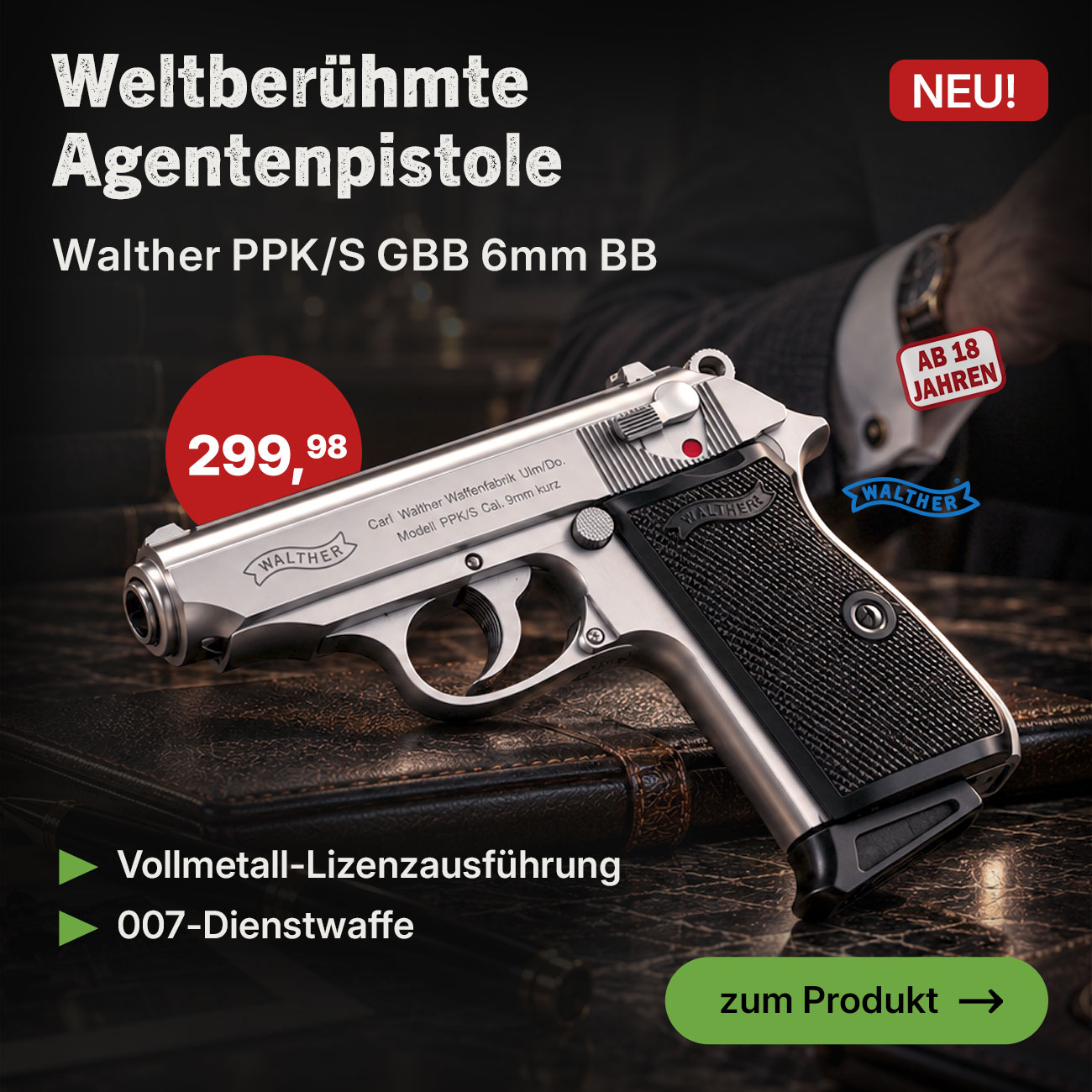 Walther PPK/S Vollmetall GBB 6mm BB Airsoft silber